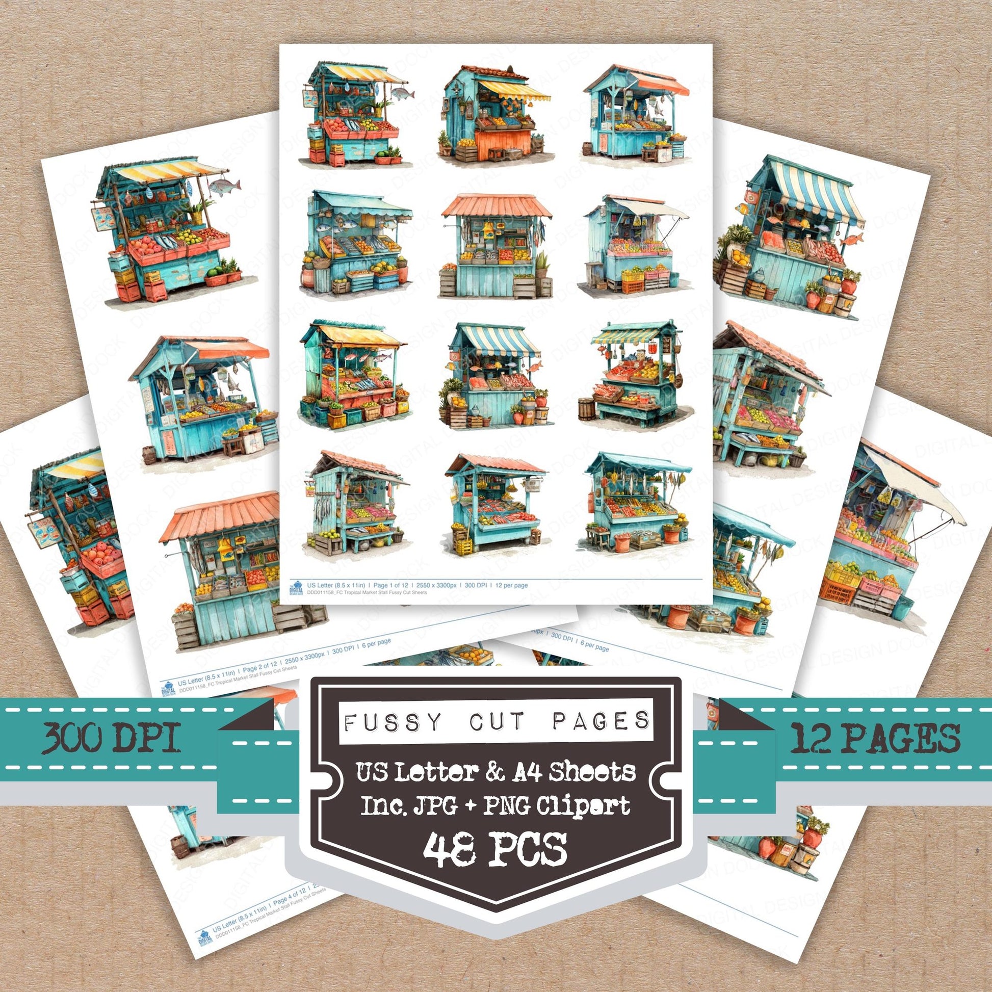 Tropical Market Stall fussy cut printable sheets for junk journaling, scrapbooking, and paper craft projects