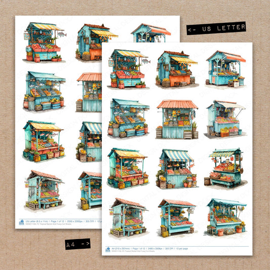 A4 and US Letter format comparison showing Tropical Market Stall fussy cut pages for print and cut crafting
