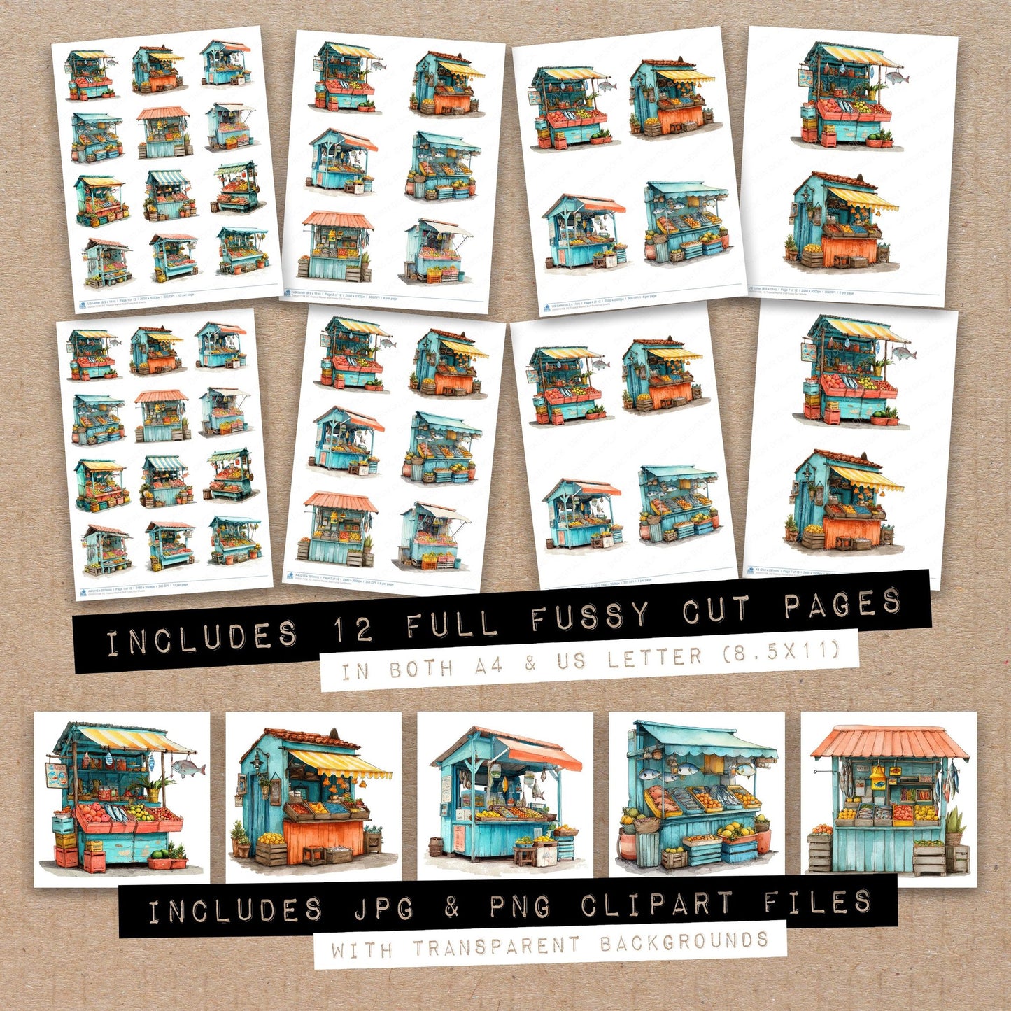 Full collection view of Tropical Market Stall fussy cut sheets with bonus clipart JPG and PNG files