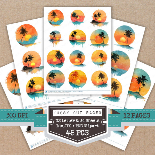 Tropical Palm Sunset Scene fussy cut printable sheets for junk journaling, scrapbooking, and paper craft projects