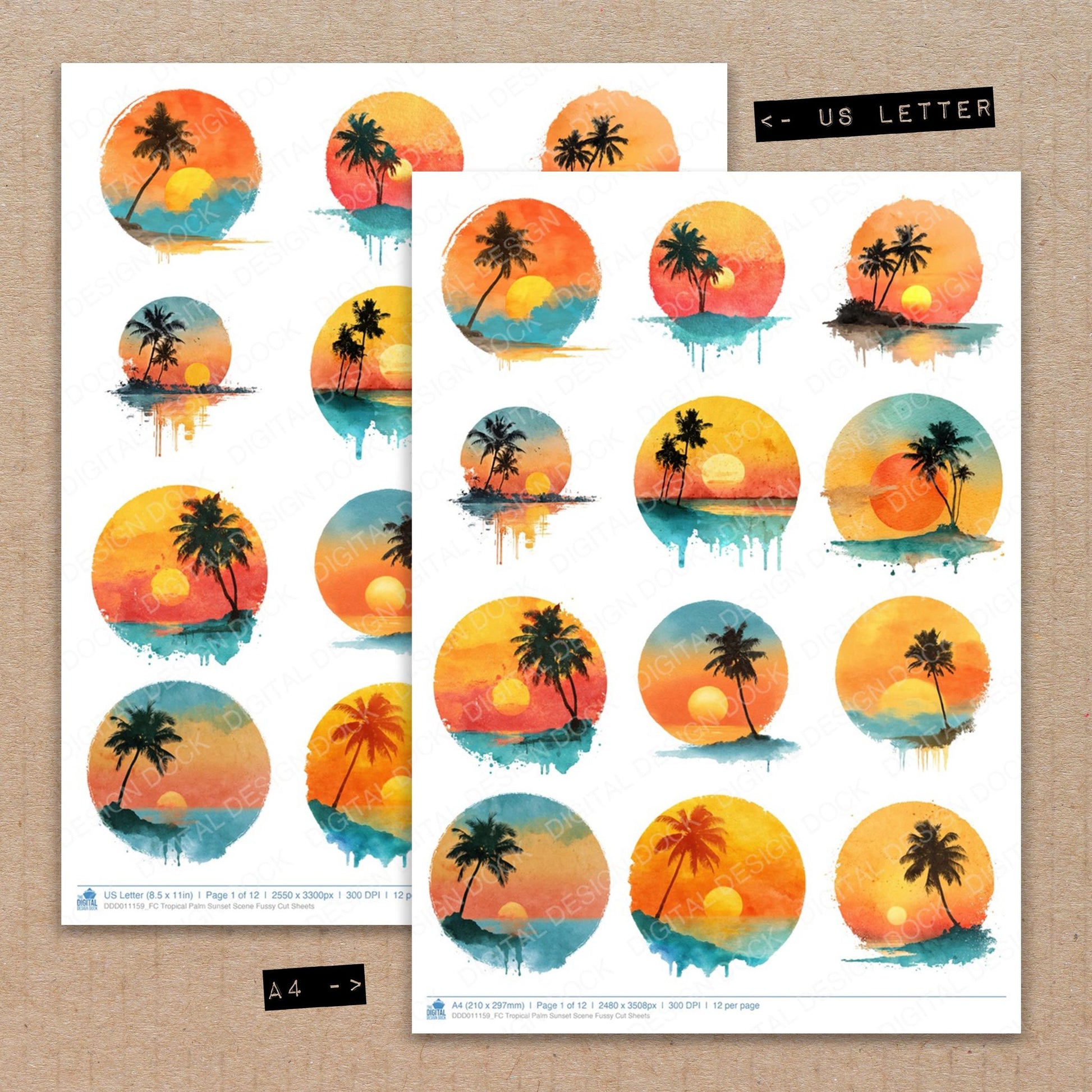 A4 and US Letter format comparison showing Tropical Palm Sunset Scene fussy cut pages for print and cut crafting