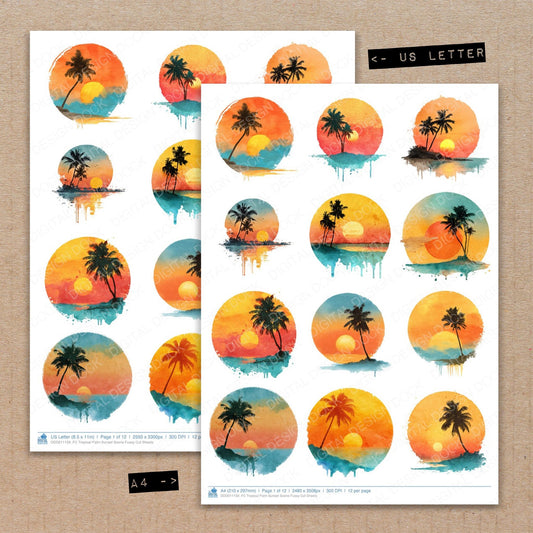 A4 and US Letter format comparison showing Tropical Palm Sunset Scene fussy cut pages for print and cut crafting