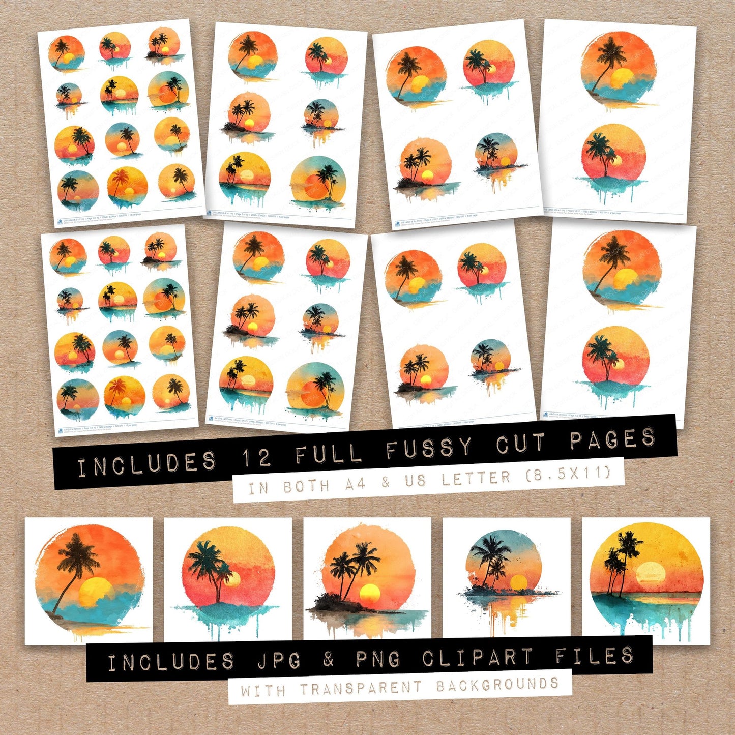 Full collection view of Tropical Palm Sunset Scene fussy cut sheets with bonus clipart JPG and PNG files