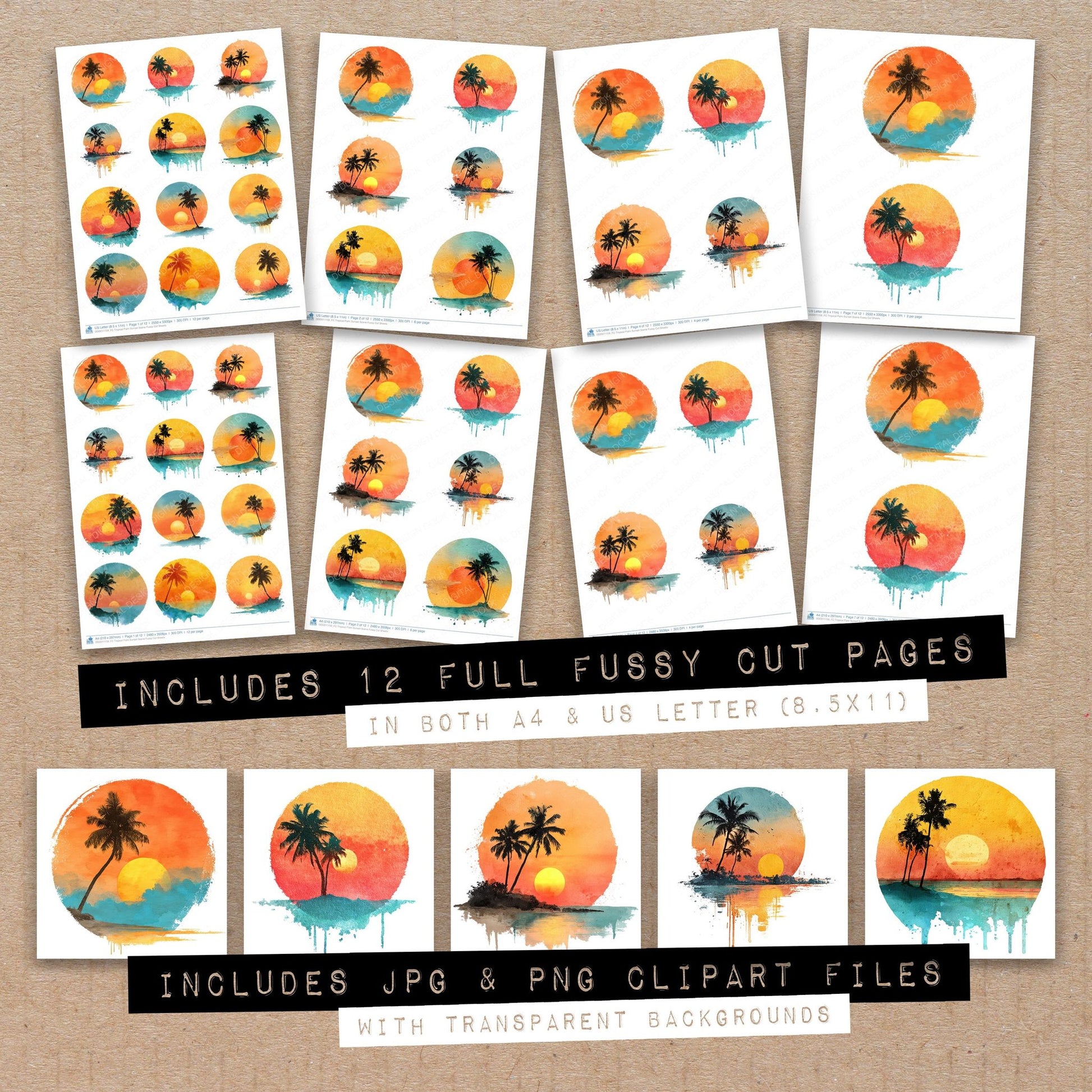 Full collection view of Tropical Palm Sunset Scene fussy cut sheets with bonus clipart JPG and PNG files