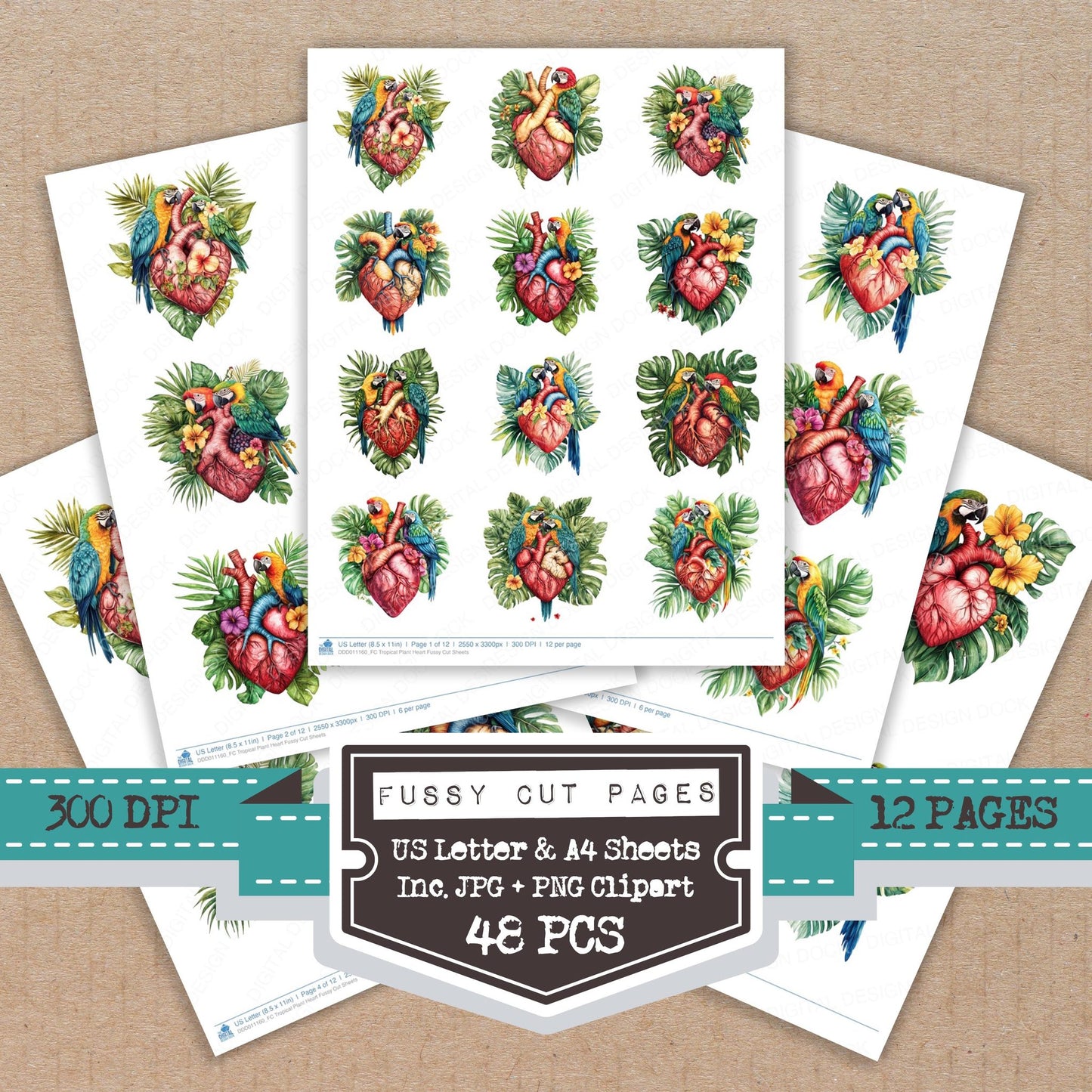 Tropical Plant Heart fussy cut printable sheets for junk journaling, scrapbooking, and paper craft projects