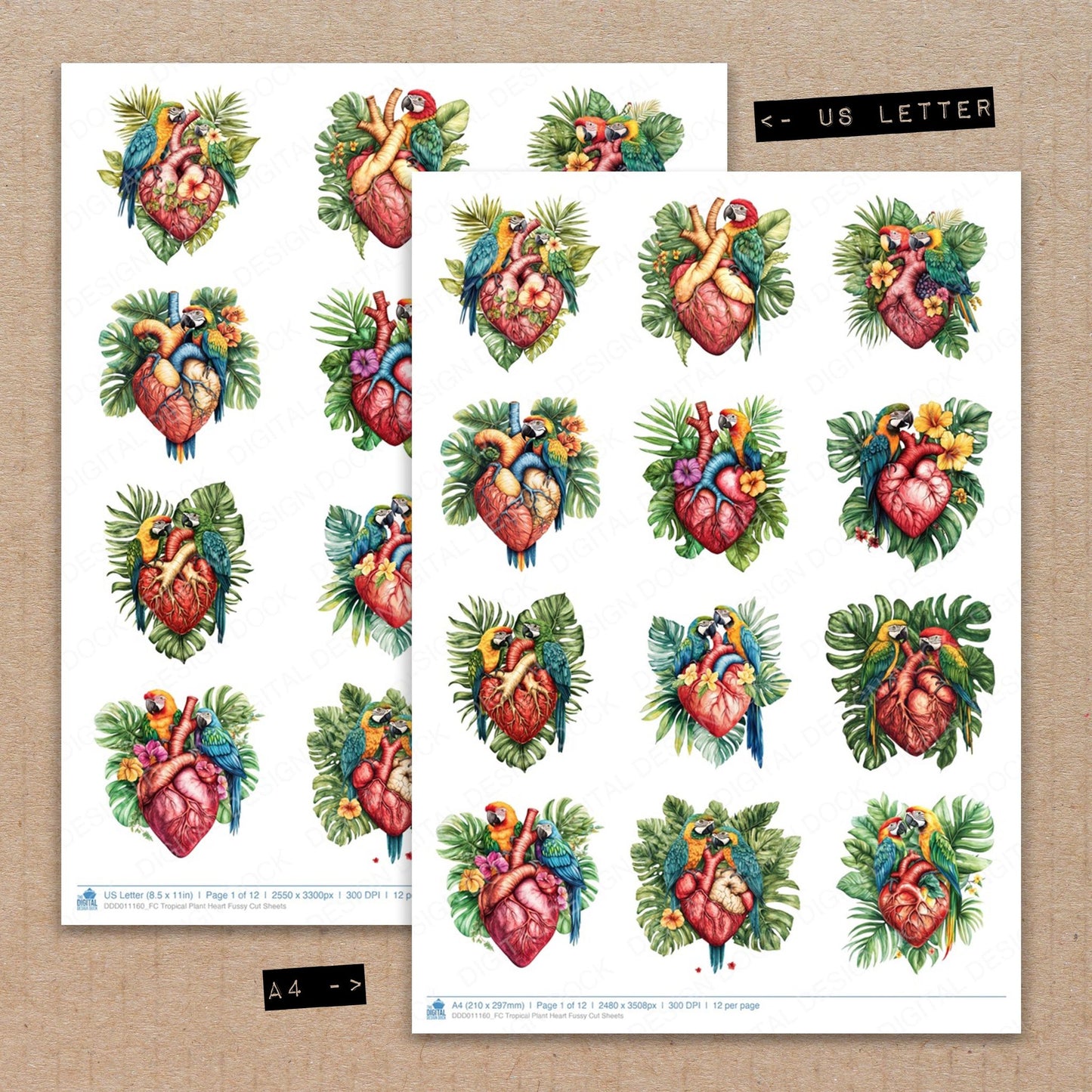 A4 and US Letter format comparison showing Tropical Plant Heart fussy cut pages for print and cut crafting