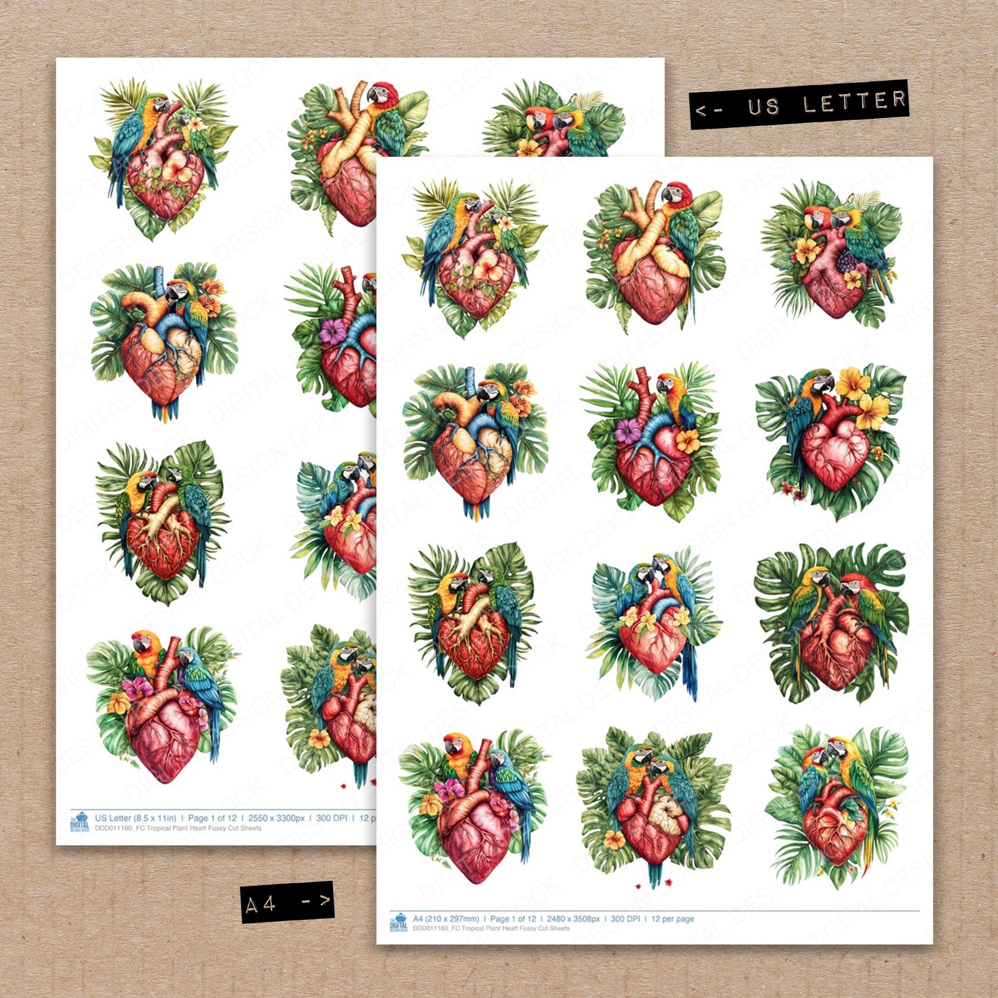 A4 and US Letter format comparison showing Tropical Plant Heart fussy cut pages for print and cut crafting