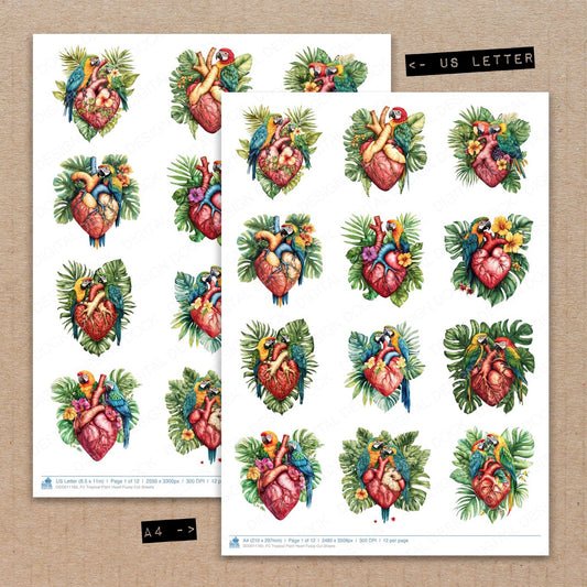 A4 and US Letter format comparison showing Tropical Plant Heart fussy cut pages for print and cut crafting