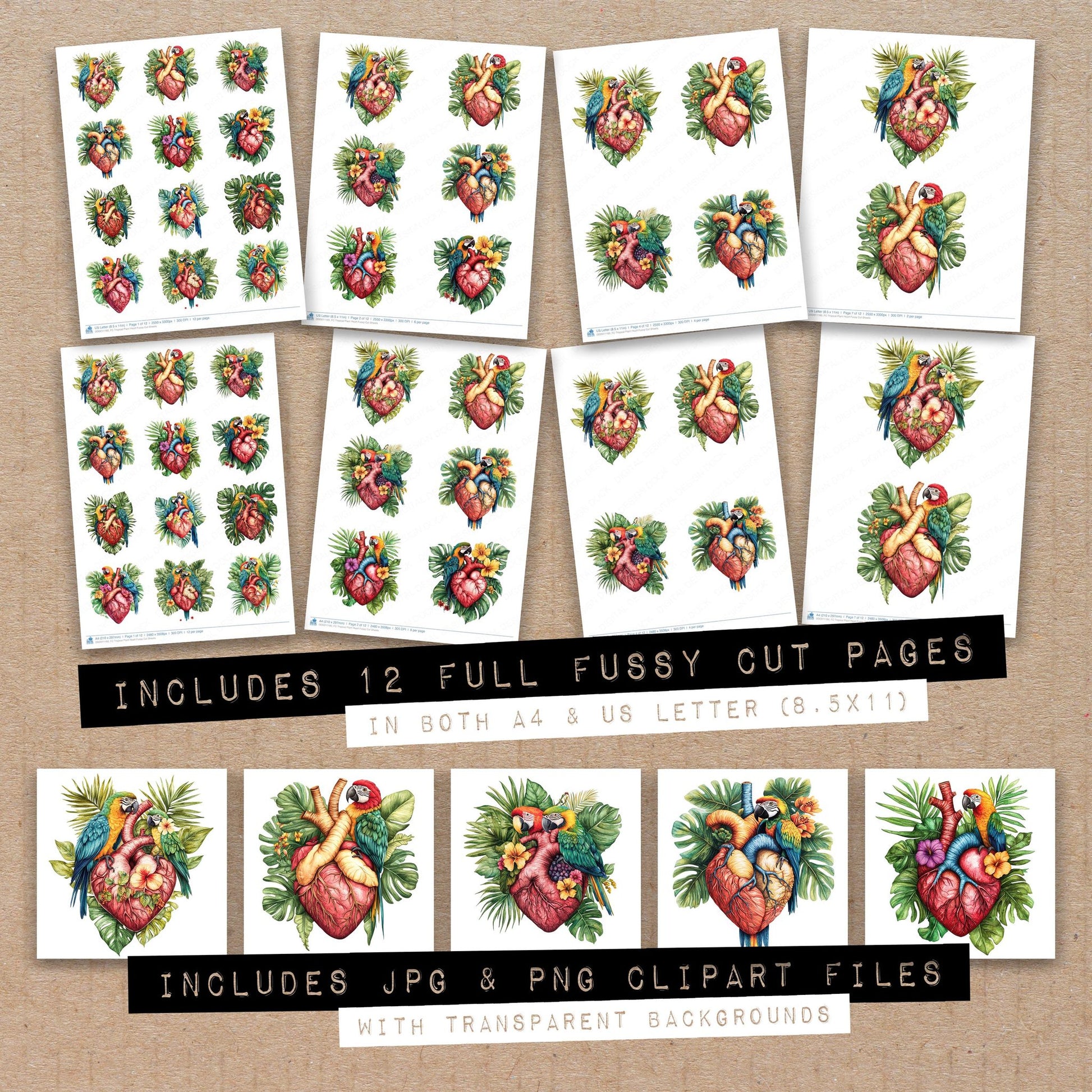 Full collection view of Tropical Plant Heart fussy cut sheets with bonus clipart JPG and PNG files