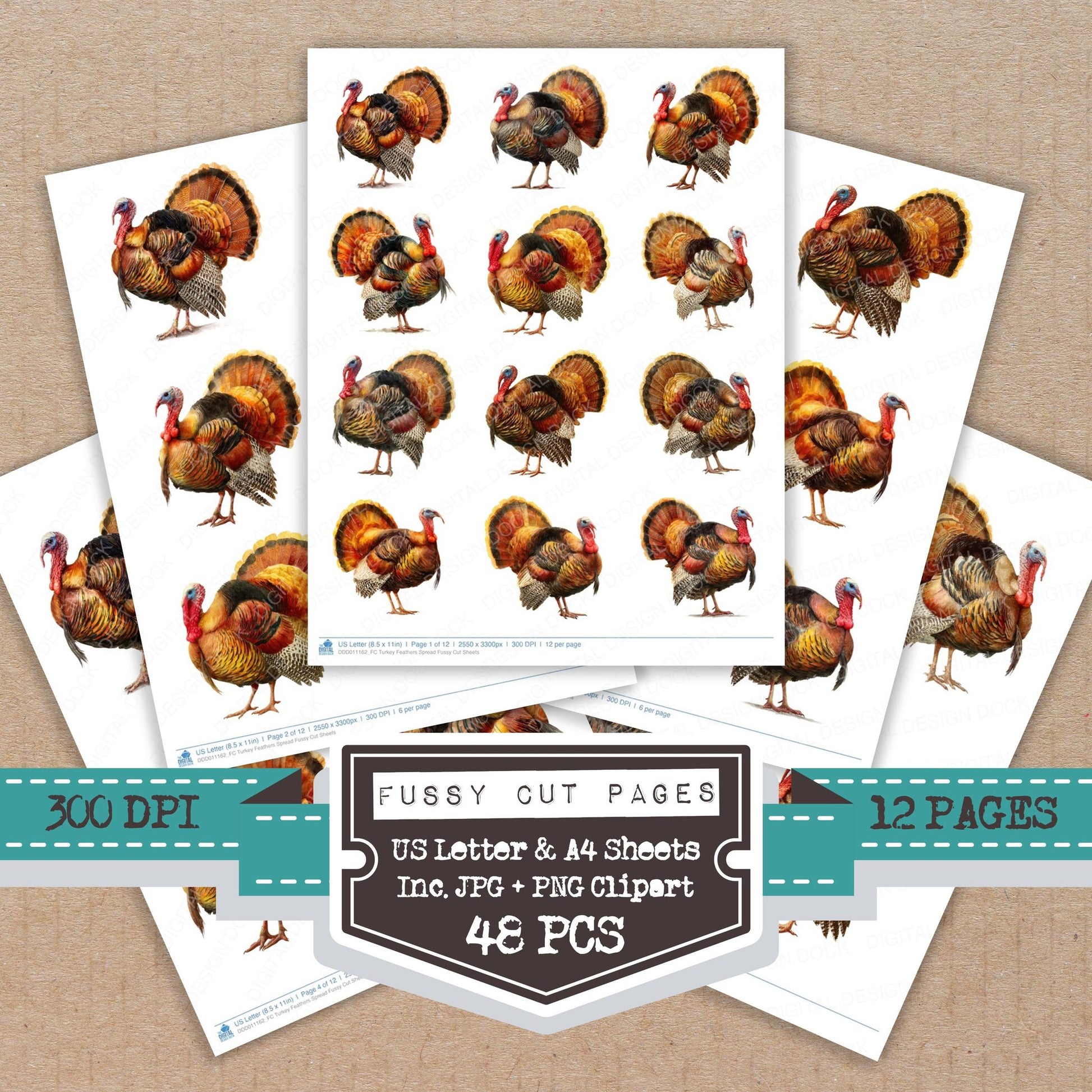Turkey Feathers Spread fussy cut printable sheets for junk journaling, scrapbooking, and paper craft projects