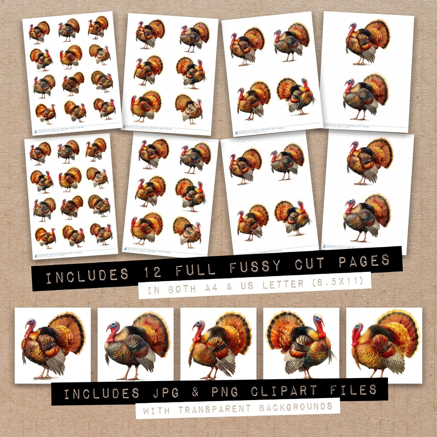 Full collection view of Turkey Feathers Spread fussy cut sheets with bonus clipart JPG and PNG files