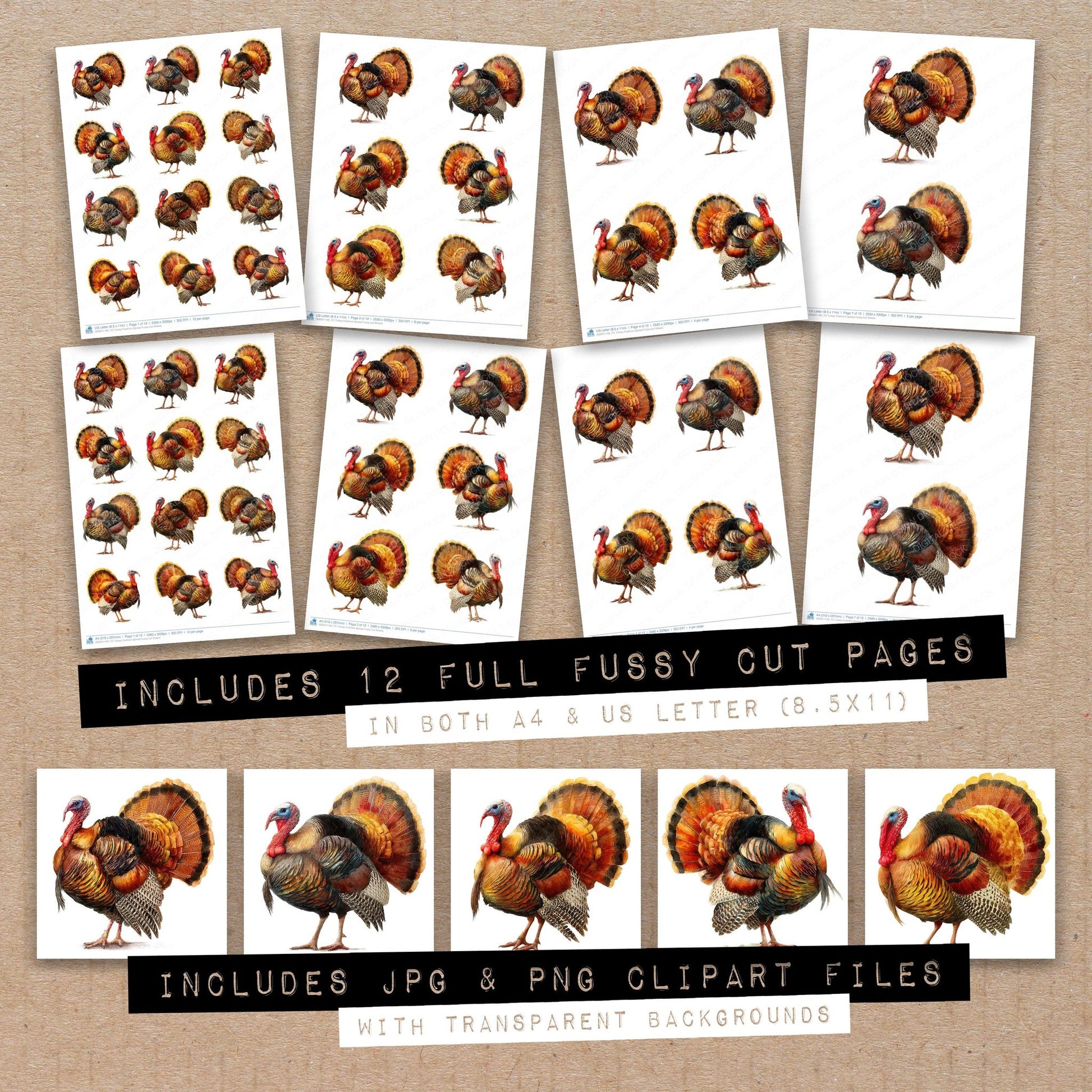 Full collection view of Turkey Feathers Spread fussy cut sheets with bonus clipart JPG and PNG files