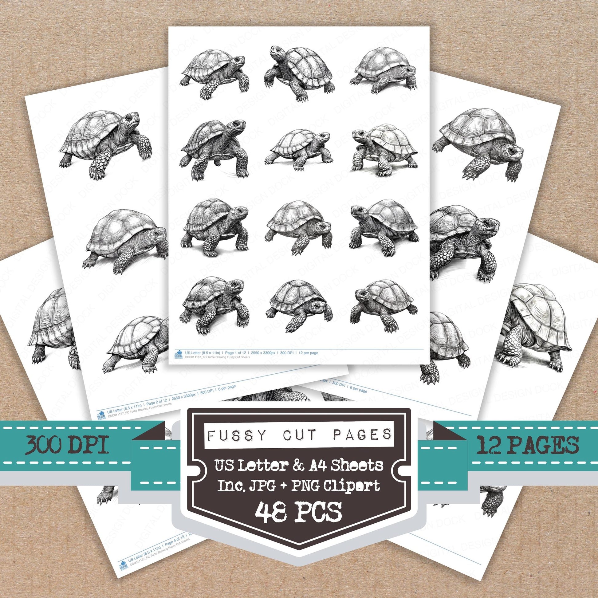 Turtle Drawing fussy cut printable sheets for junk journaling, scrapbooking, and paper craft projects