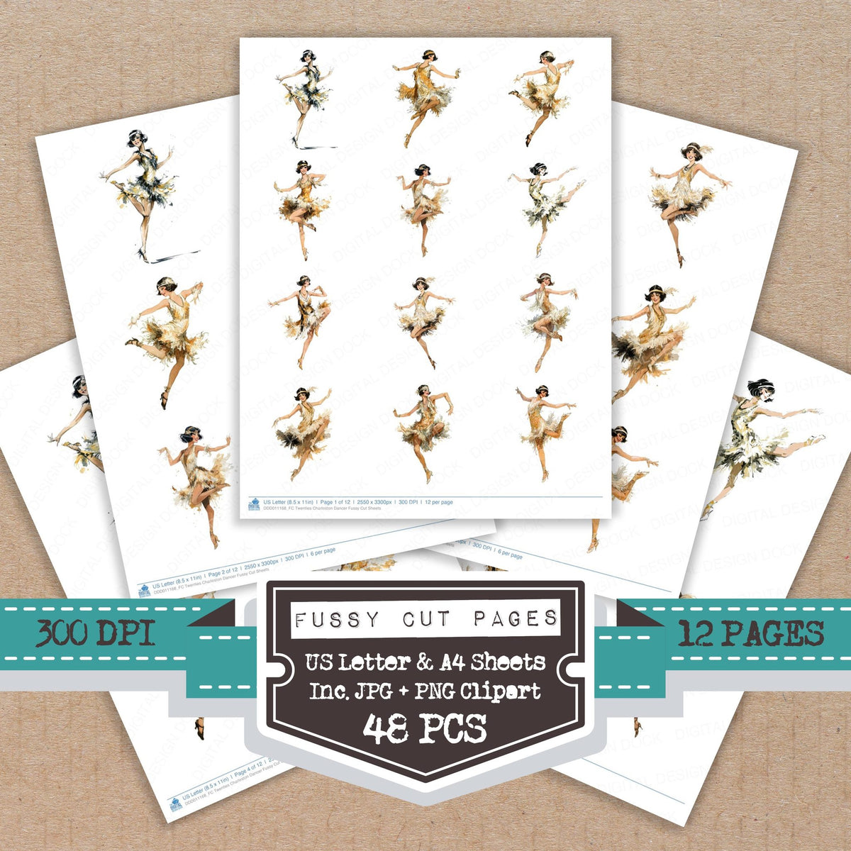 Twenties Charleston Dancer fussy cut printable sheets for junk journaling, scrapbooking, and paper craft projects