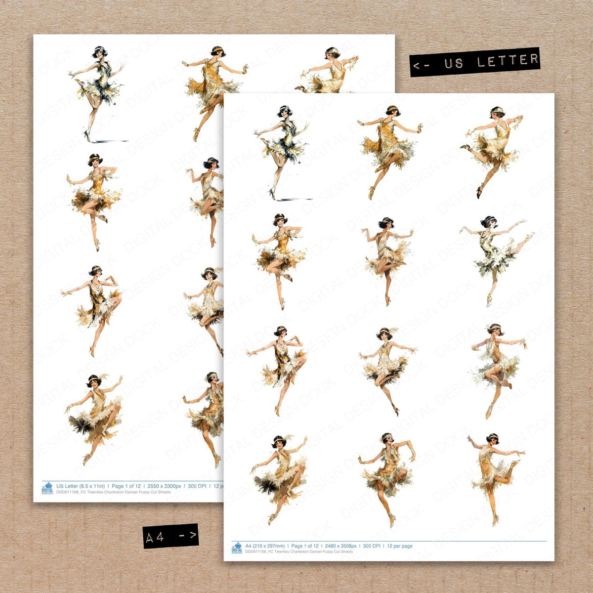 A4 and US Letter format comparison showing Twenties Charleston Dancer fussy cut pages for print and cut crafting