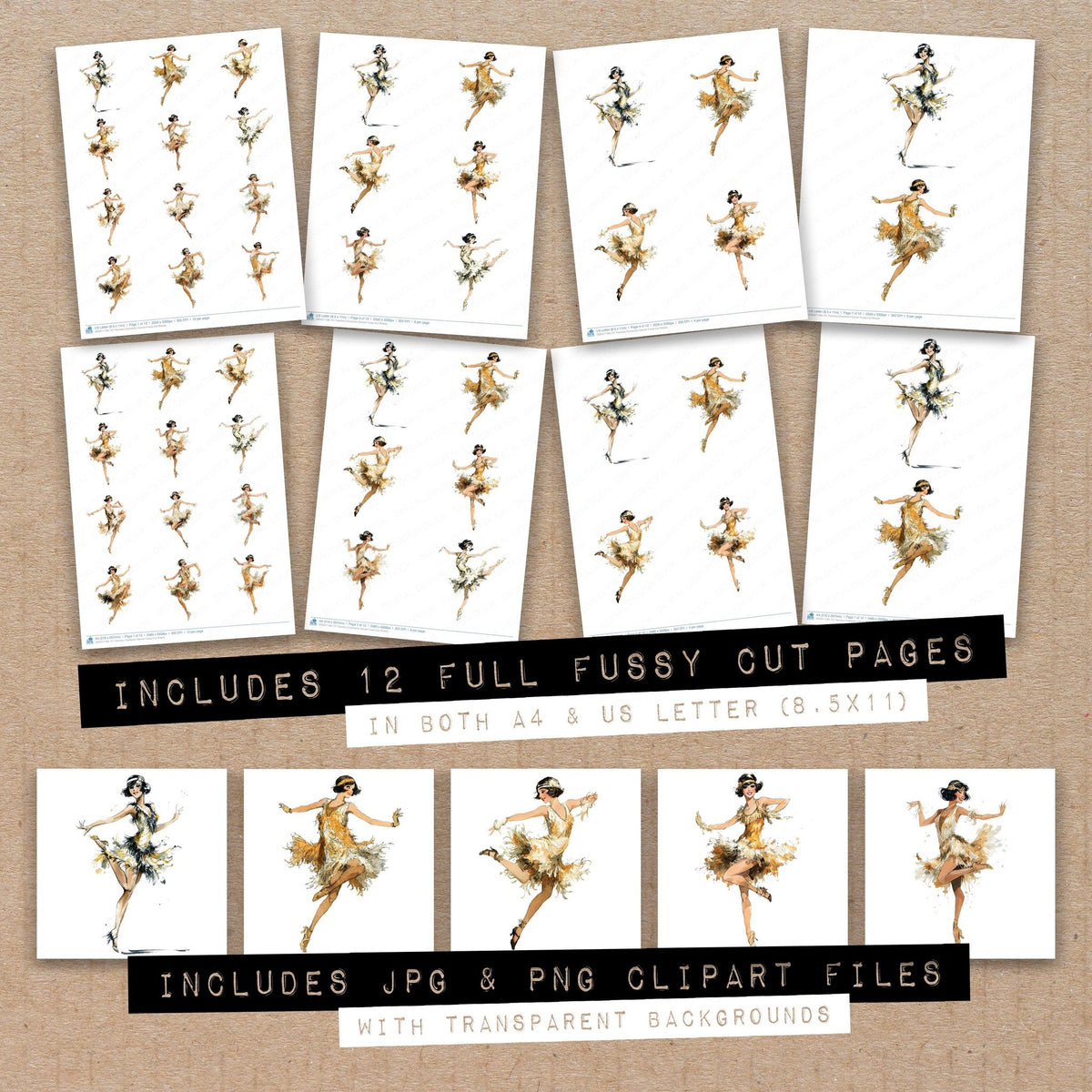 Full collection view of Twenties Charleston Dancer fussy cut sheets with bonus clipart JPG and PNG files