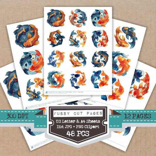 Twin Folk Koi Carp fussy cut printable sheets for junk journaling, scrapbooking, and paper craft projects