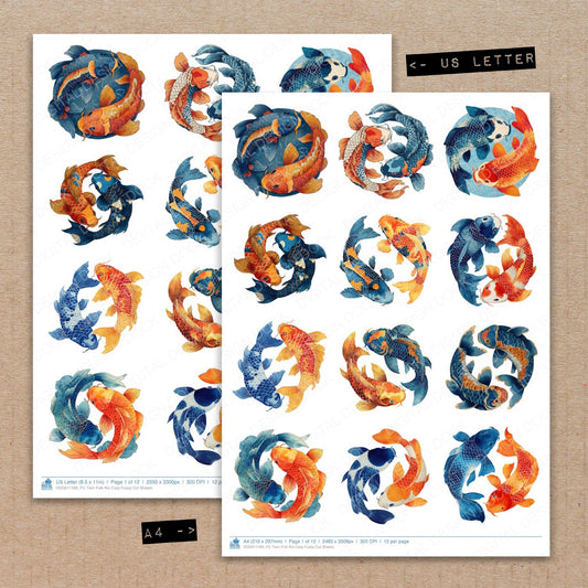A4 and US Letter format comparison showing Twin Folk Koi Carp fussy cut pages for print and cut crafting