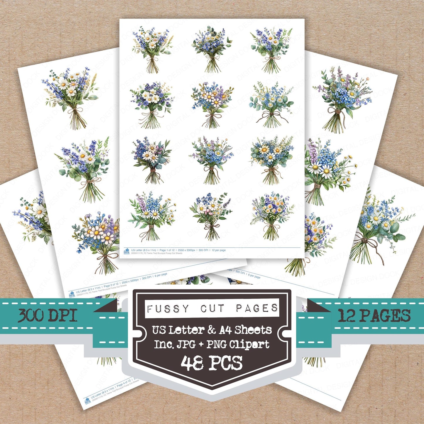 Twine Tied Bouquet fussy cut printable sheets for junk journaling, scrapbooking, and paper craft projects