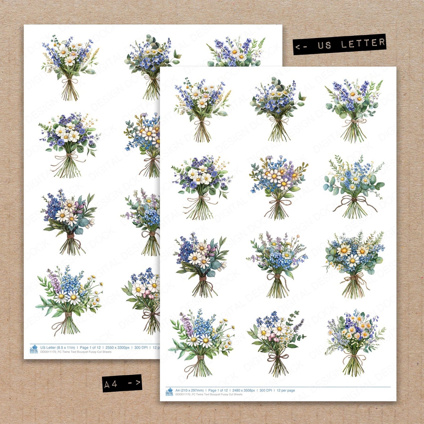 A4 and US Letter format comparison showing Twine Tied Bouquet fussy cut pages for print and cut crafting