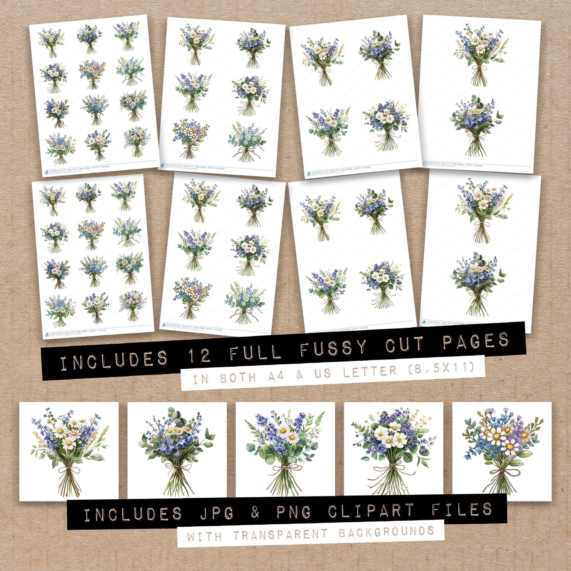 Full collection view of Twine Tied Bouquet fussy cut sheets with bonus clipart JPG and PNG files