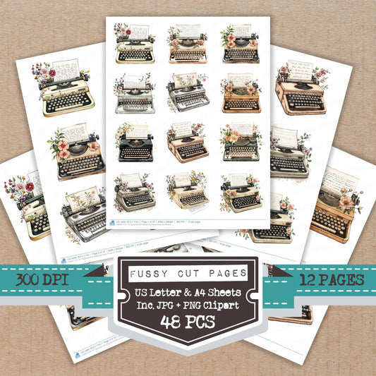 Typewriter with Blooming fussy cut printable sheets for junk journaling, scrapbooking, and paper craft projects