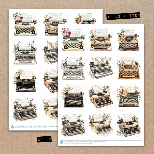 A4 and US Letter format comparison showing Typewriter with Blooming fussy cut pages for print and cut crafting