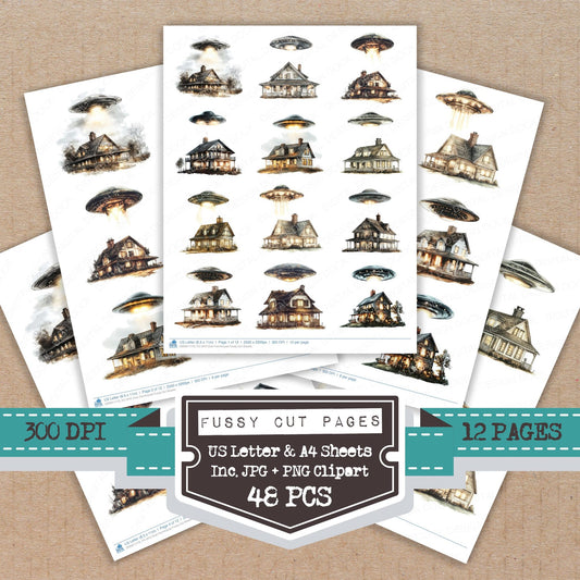 UFO Over Farmhouse fussy cut printable sheets for junk journaling, scrapbooking, and paper craft projects