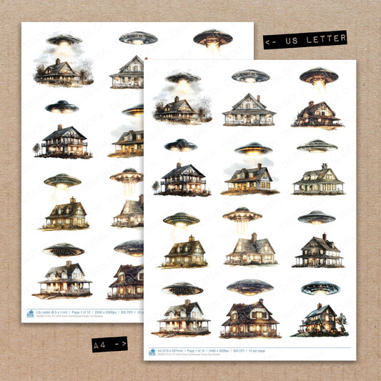 A4 and US Letter format comparison showing UFO Over Farmhouse fussy cut pages for print and cut crafting