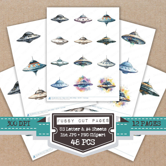 UFO Spaceship fussy cut printable sheets for junk journaling, scrapbooking, and paper craft projects