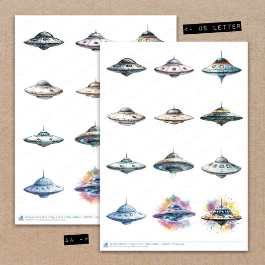 A4 and US Letter format comparison showing UFO Spaceship fussy cut pages for print and cut crafting