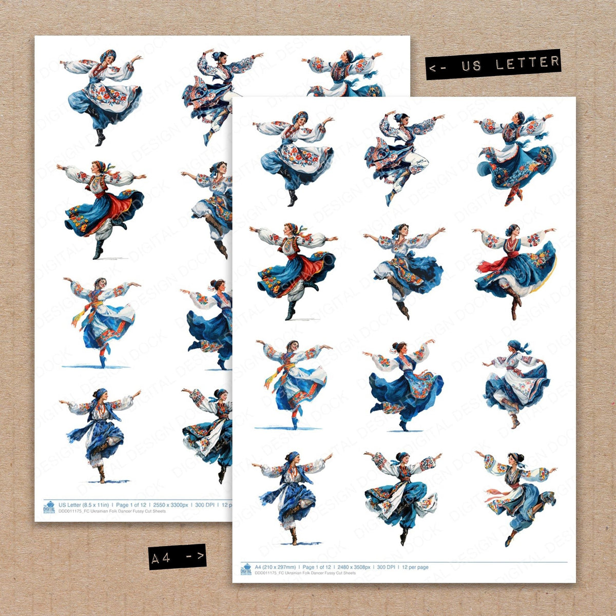 A4 and US Letter format comparison showing Ukrainian Folk Dancer fussy cut pages for print and cut crafting