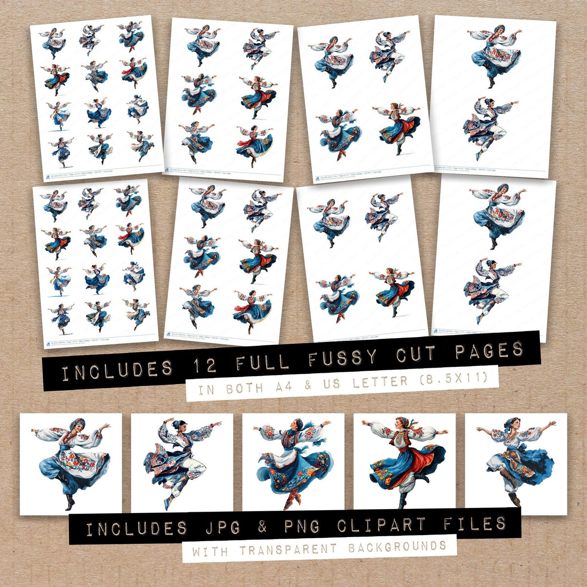 Full collection view of Ukrainian Folk Dancer fussy cut sheets with bonus clipart JPG and PNG files