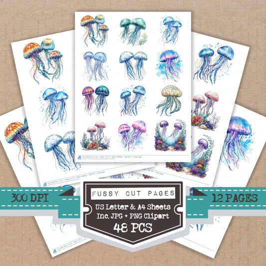 Underwater Jellyfish fussy cut printable sheets for junk journaling, scrapbooking, and paper craft projects
