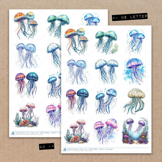 A4 and US Letter format comparison showing Underwater Jellyfish fussy cut pages for print and cut crafting