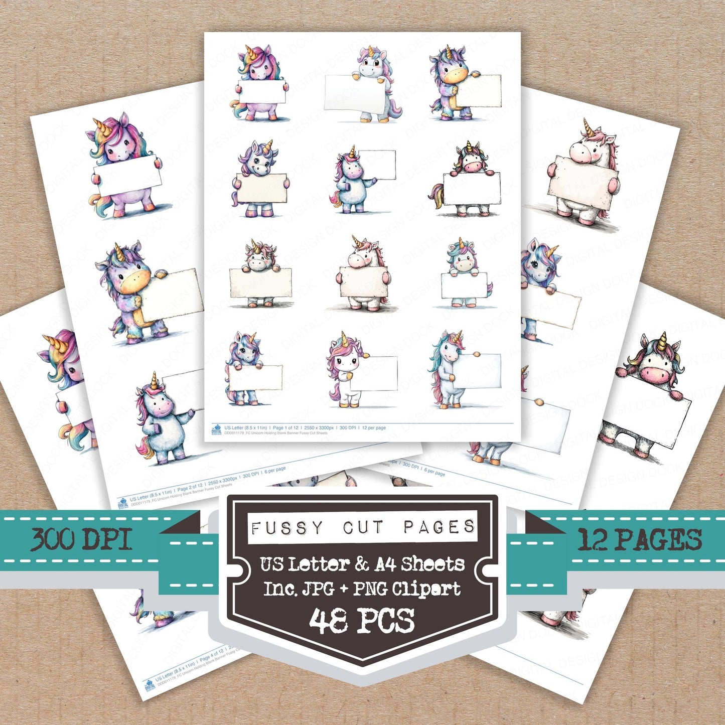 Unicorn Holding Blank Banner fussy cut printable sheets for junk journaling, scrapbooking, and paper craft projects