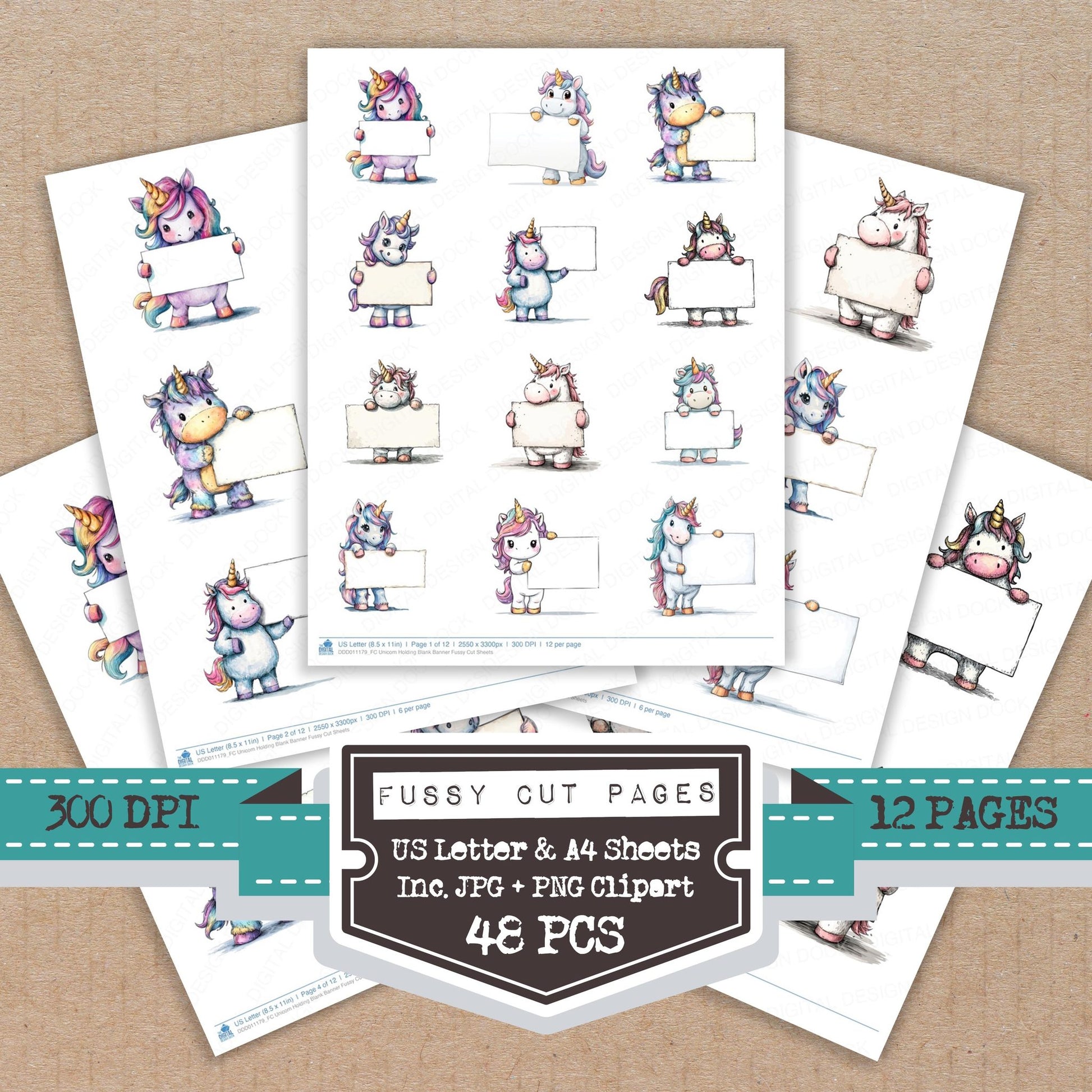 Unicorn Holding Blank Banner fussy cut printable sheets for junk journaling, scrapbooking, and paper craft projects