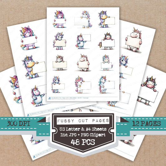 Unicorn Holding Blank Banner fussy cut printable sheets for junk journaling, scrapbooking, and paper craft projects