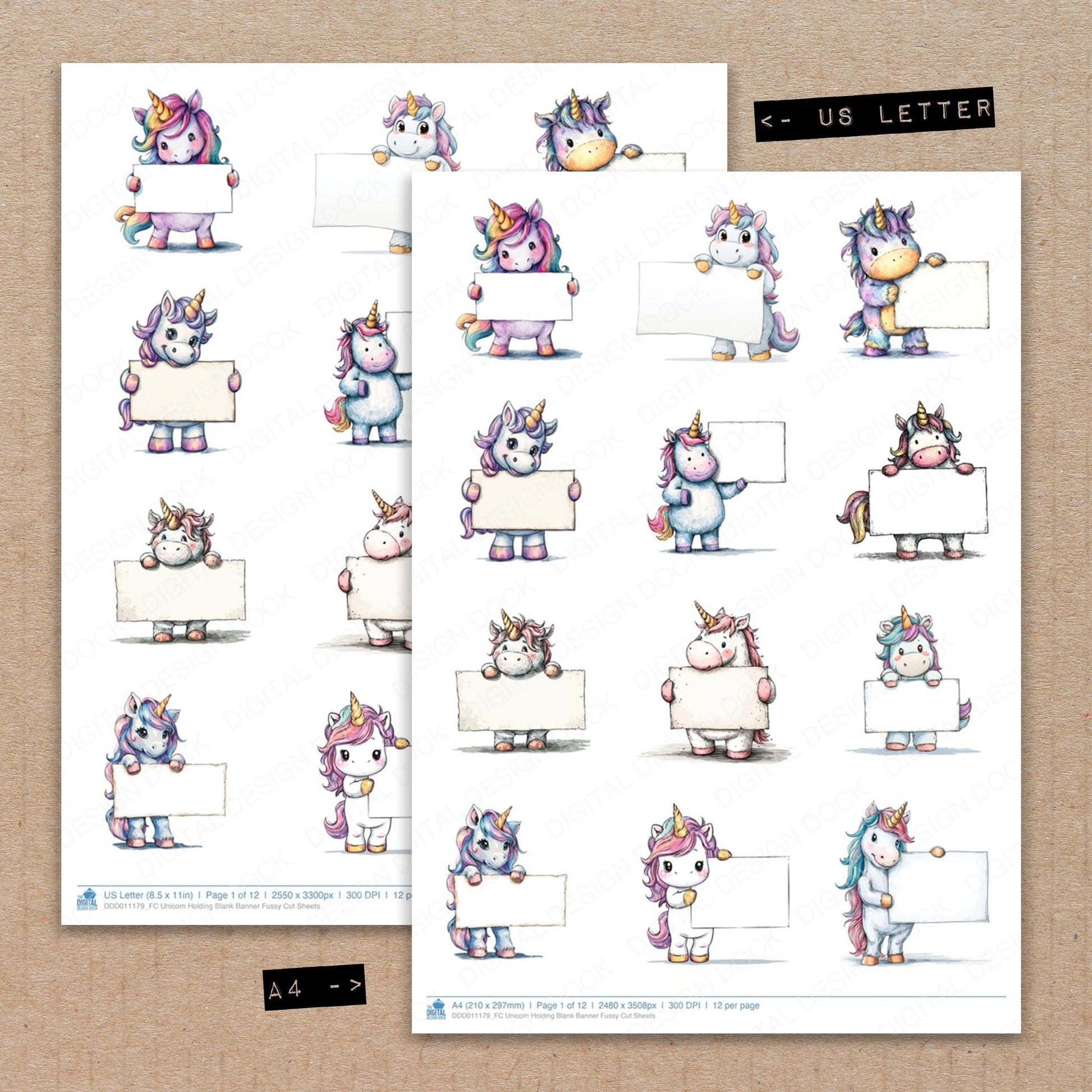 A4 and US Letter format comparison showing Unicorn Holding Blank Banner fussy cut pages for print and cut crafting