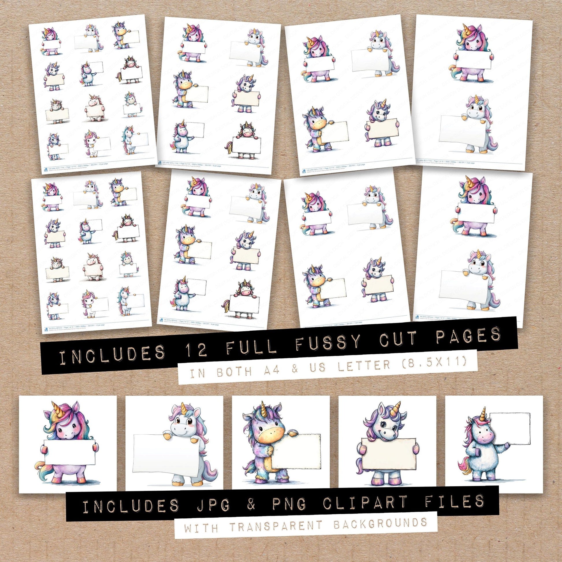 Full collection view of Unicorn Holding Blank Banner fussy cut sheets with bonus clipart JPG and PNG files