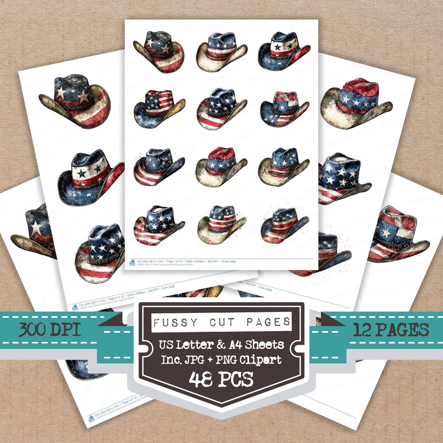USA Flag Cowboy Hat fussy cut printable sheets for junk journaling, scrapbooking, and paper craft projects