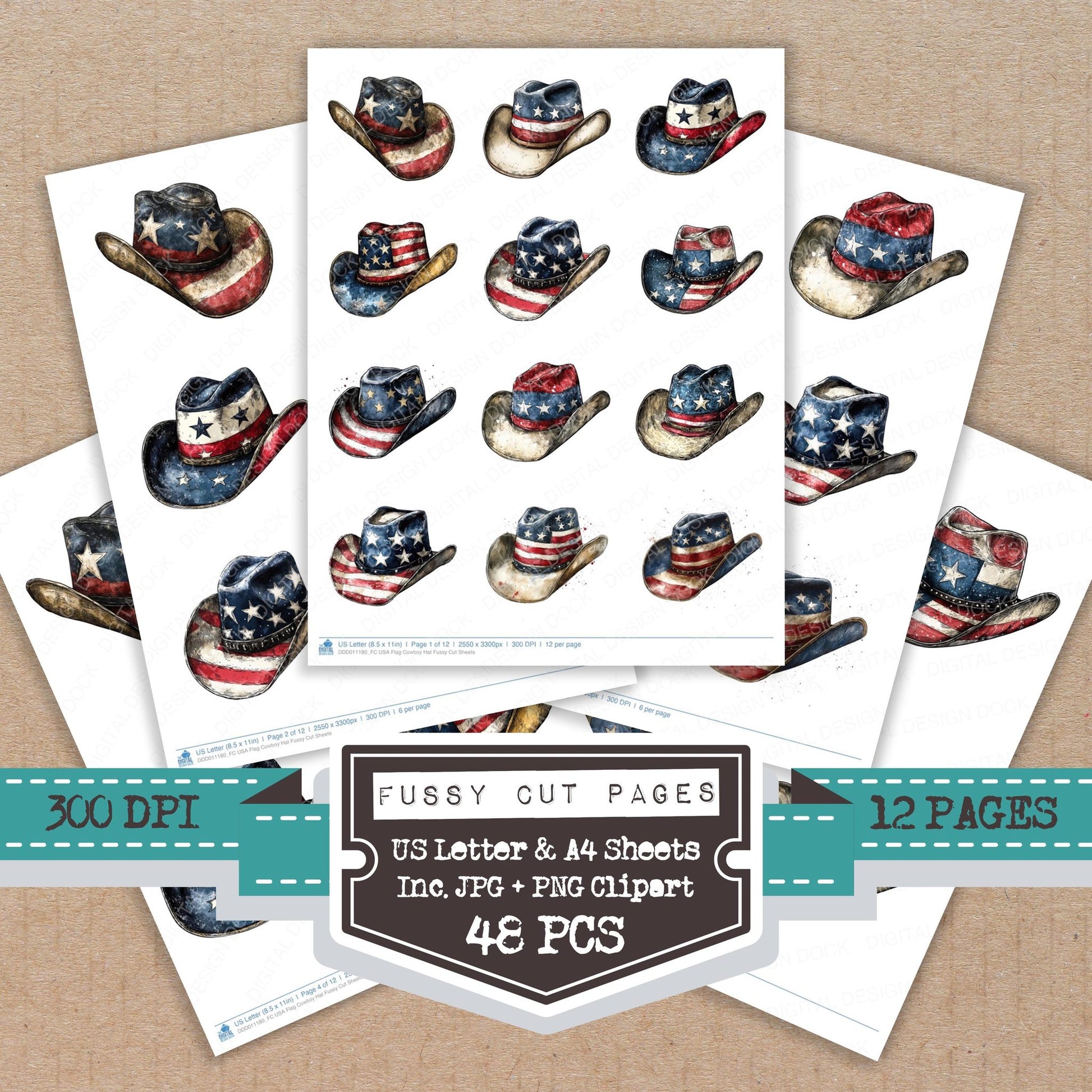 USA Flag Cowboy Hat fussy cut printable sheets for junk journaling, scrapbooking, and paper craft projects