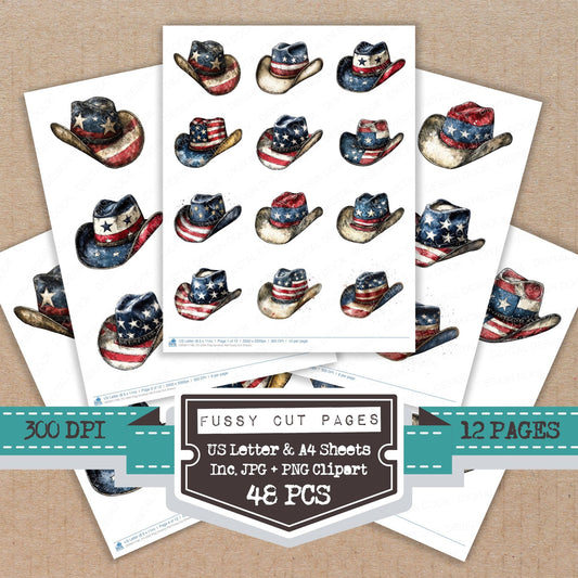 USA Flag Cowboy Hat fussy cut printable sheets for junk journaling, scrapbooking, and paper craft projects