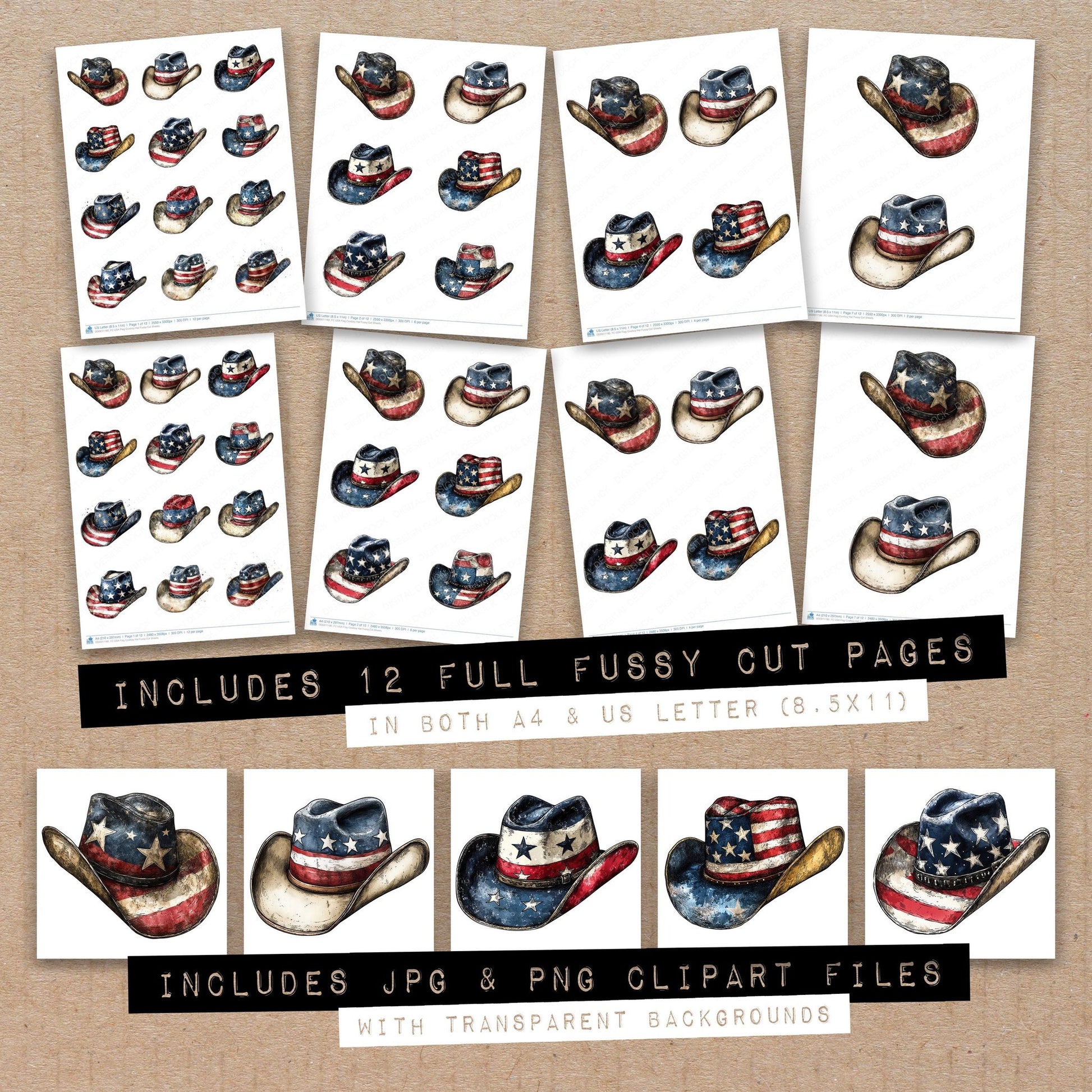 Full collection view of USA Flag Cowboy Hat fussy cut sheets with bonus clipart JPG and PNG files