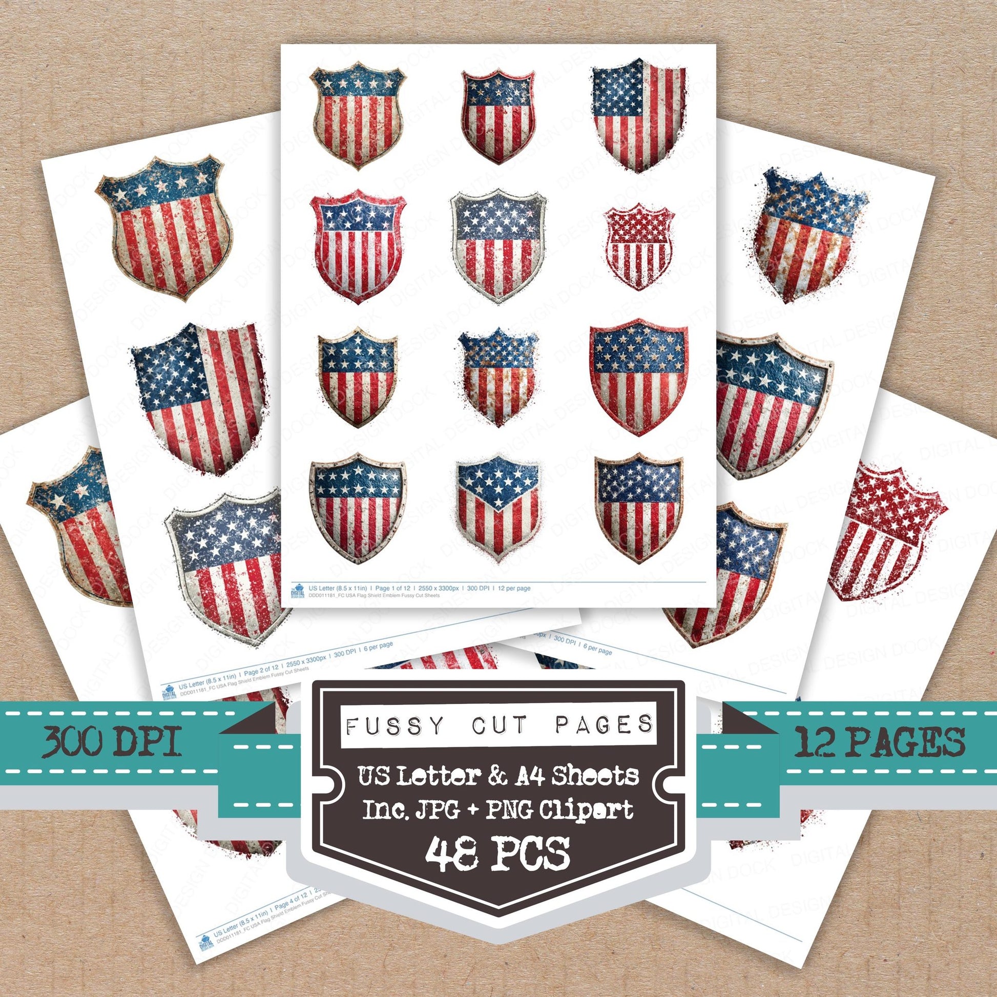 USA Flag Shield Emblem fussy cut printable sheets for junk journaling, scrapbooking, and paper craft projects