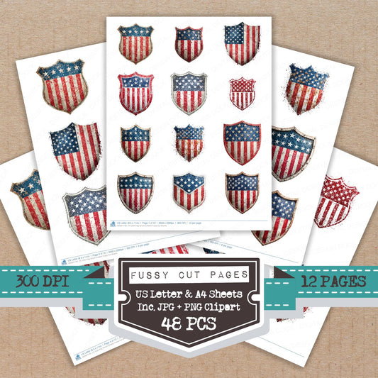USA Flag Shield Emblem fussy cut printable sheets for junk journaling, scrapbooking, and paper craft projects