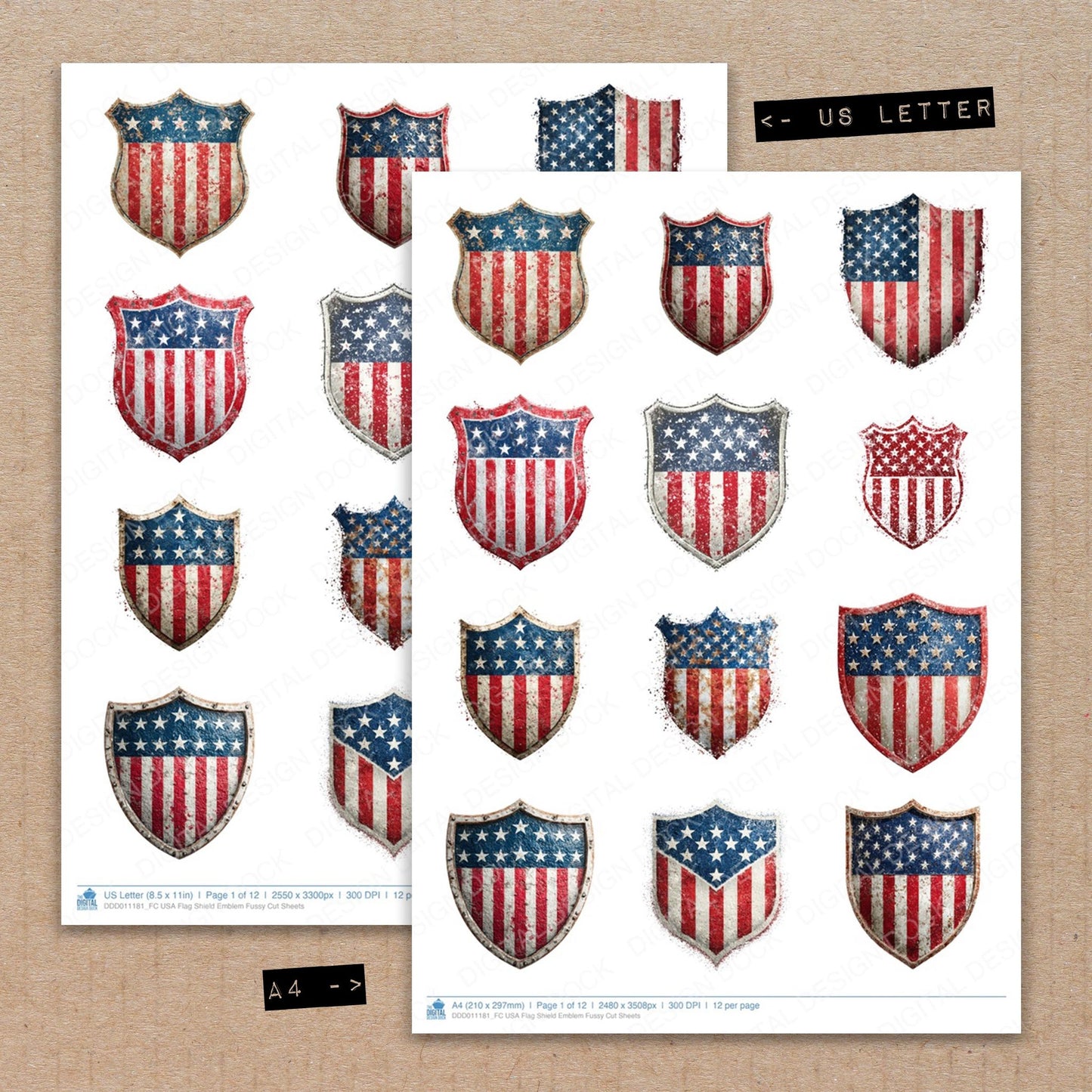 A4 and US Letter format comparison showing USA Flag Shield Emblem fussy cut pages for print and cut crafting