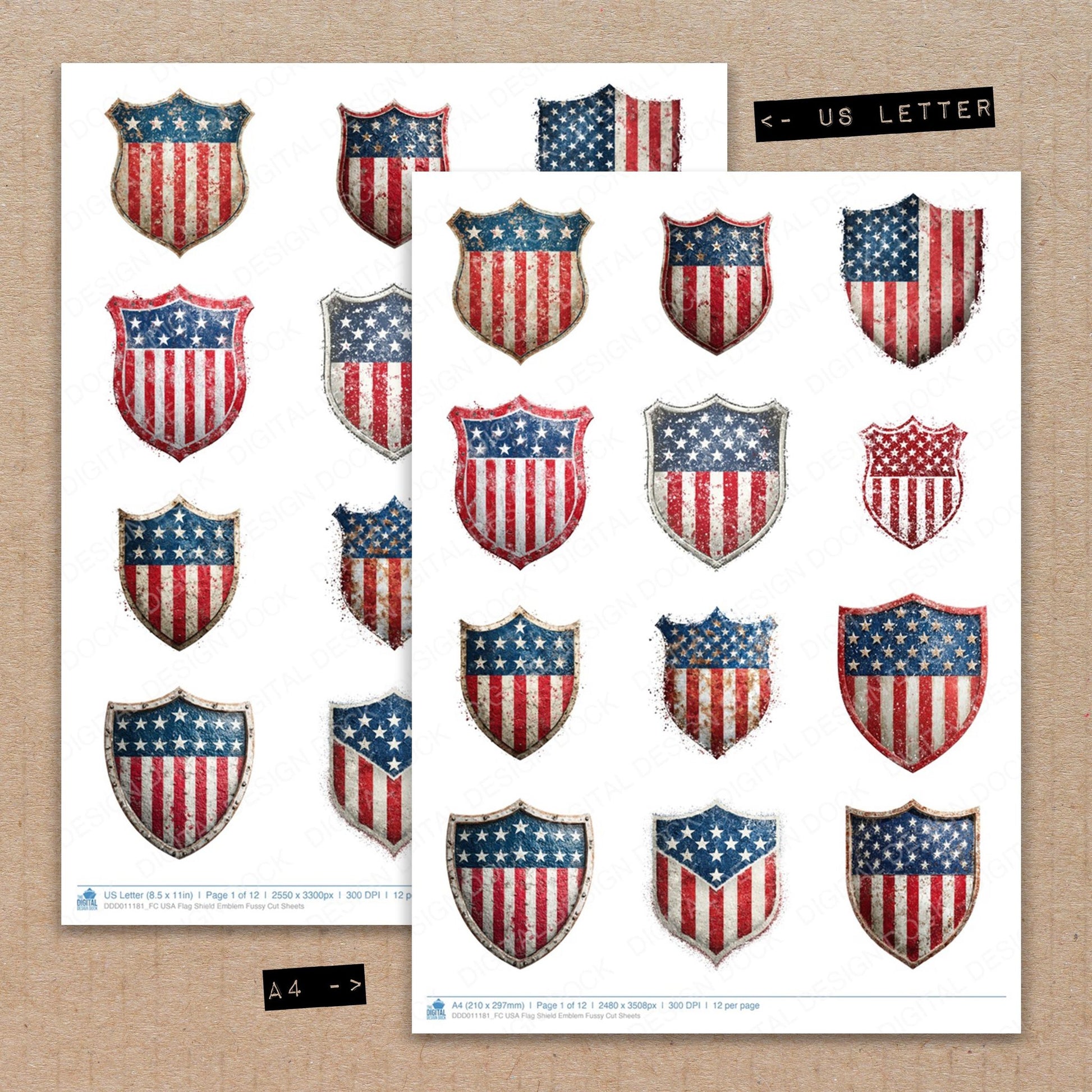 A4 and US Letter format comparison showing USA Flag Shield Emblem fussy cut pages for print and cut crafting