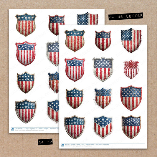 A4 and US Letter format comparison showing USA Flag Shield Emblem fussy cut pages for print and cut crafting