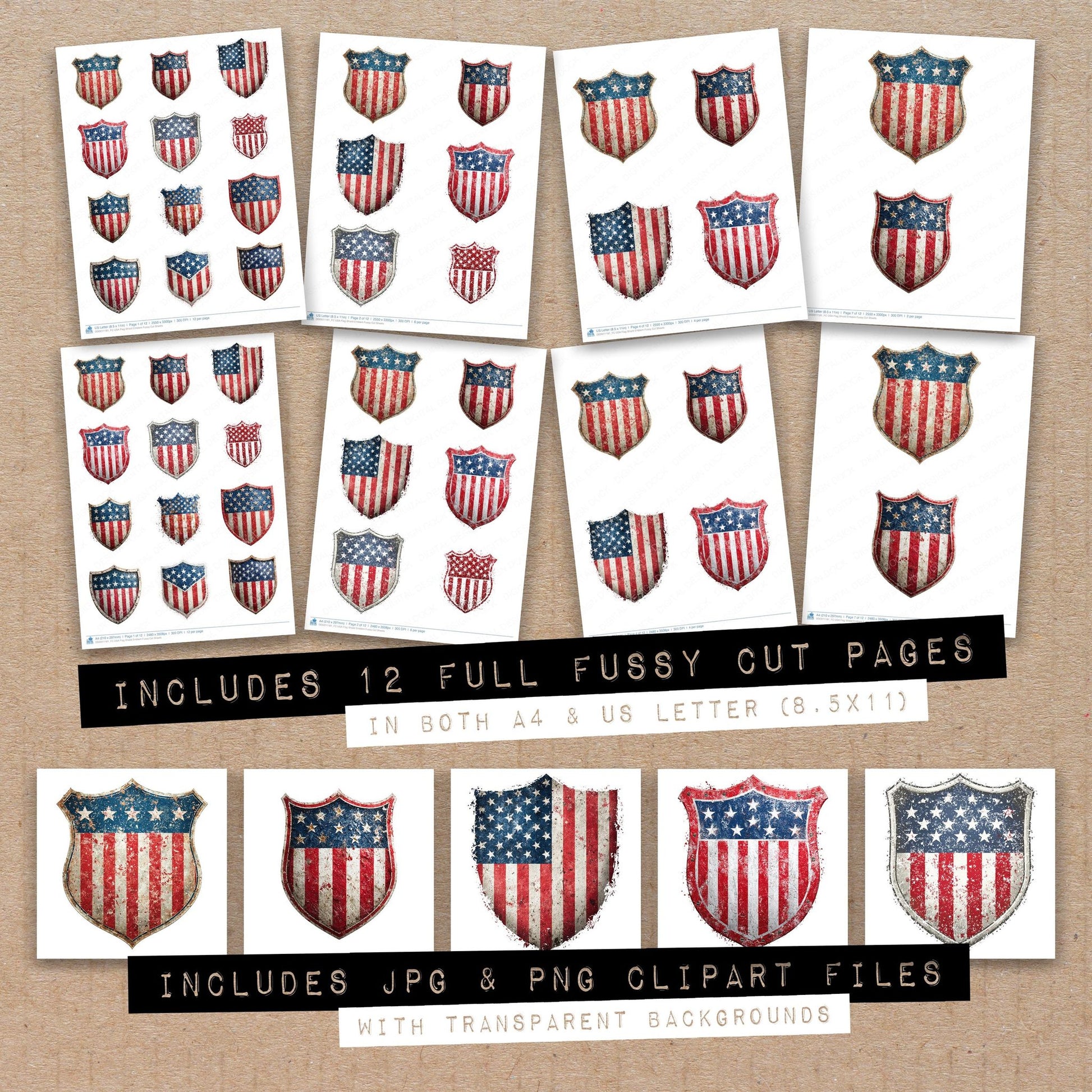Full collection view of USA Flag Shield Emblem fussy cut sheets with bonus clipart JPG and PNG files